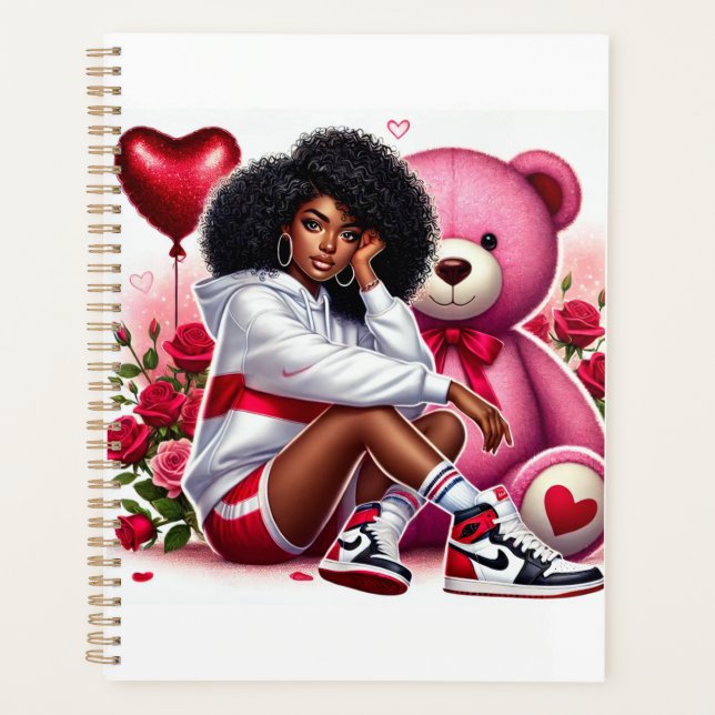 Agenda Hermosa mujer negra con regalos de San Valentín (Anverso)
