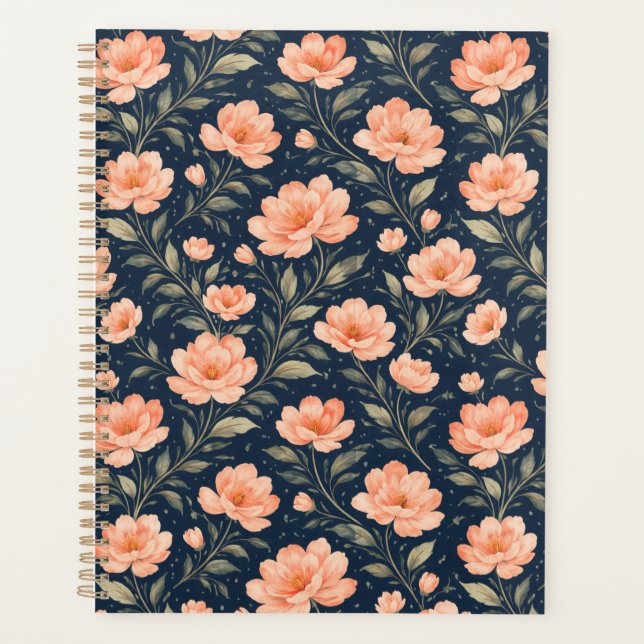Agenda Hermosas flores de melocotón en azul marino (Anverso)