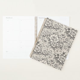 Agenda Hermosas Flores Grabadas en Negro Carbón y Blanco