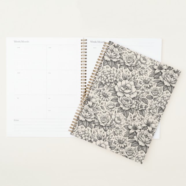 Agenda Hermosas Flores Grabadas en Negro Carbón y Blanco (Demostración)