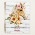 Agenda Hermoso caballo palomino con girasoles personaliza<br><div class="desc">Hermoso caballo palomino con girasoles y flores rosadas chicas florales nombre planner bloc de planeo. Hermoso retrato de caballo acuarela,  bonito regalo personalizado para los amantes del caballo.</div>