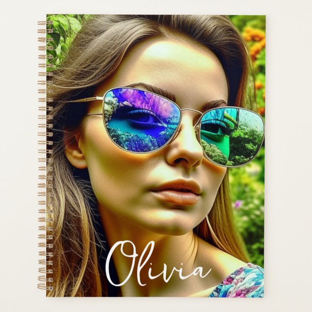 Agenda Hermoso Chica con flores reflectantes de gafas de  (Anverso)
