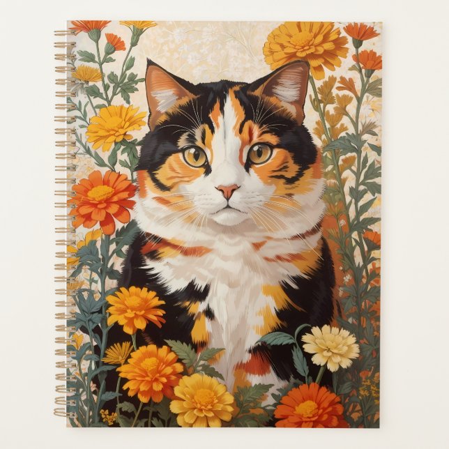 Agenda Hermoso Gato Calico Con Flores Marigold (Anverso)