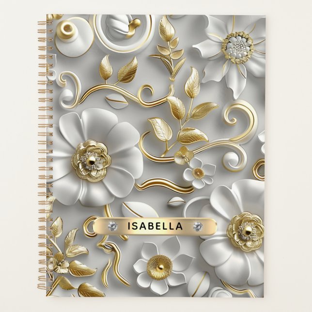 Agenda Hermoso Nombre Personalizado De Floral En Blanco Y (Anverso)