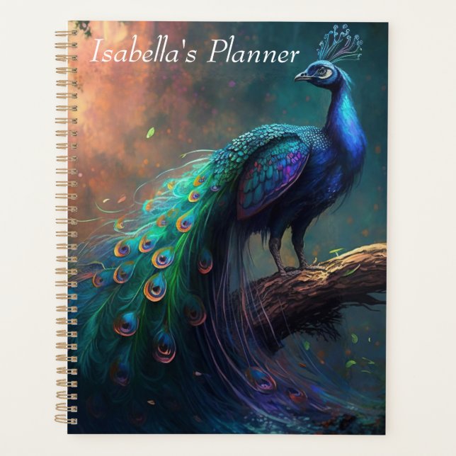 Agenda Hermoso pavo real místico personalizado en bosque (Anverso)