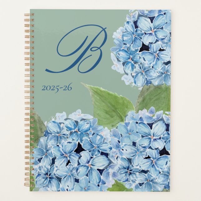Agenda Hidrangea azul acuarela con inicial (Anverso)