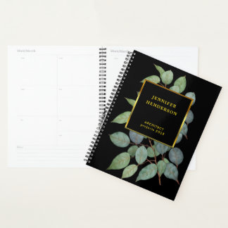 Agenda Hojas de acuarela elegantes negro oro profesional