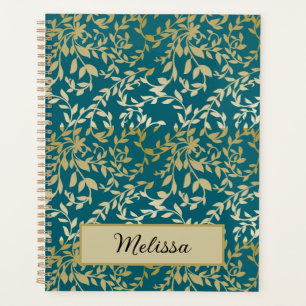 Agenda Hojas Doradas Vides Botánico Floral Verde Azul Osc