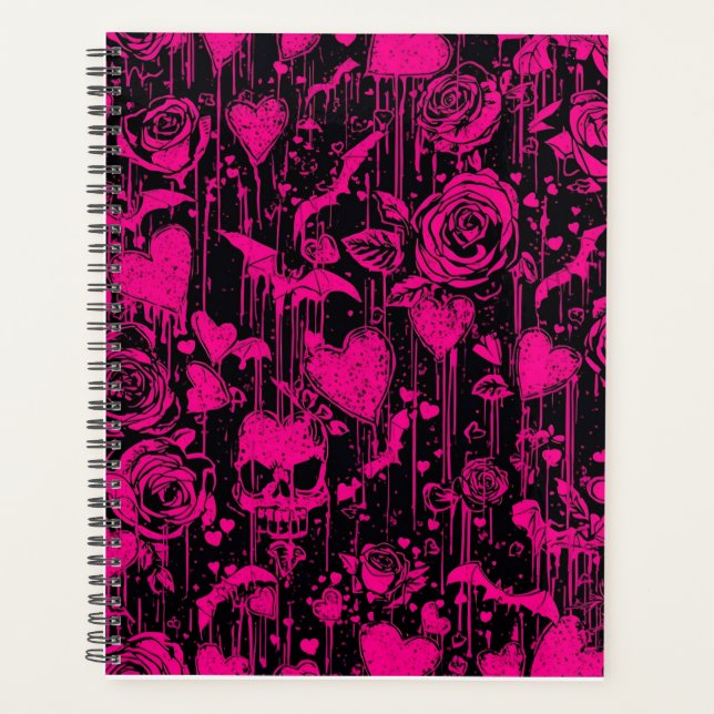Agenda Hot Pink Gothic Roses & Skulls Pattern (Anverso)