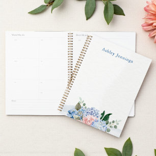Agenda Hydrangea Azul y Floral Rosado Personalizado