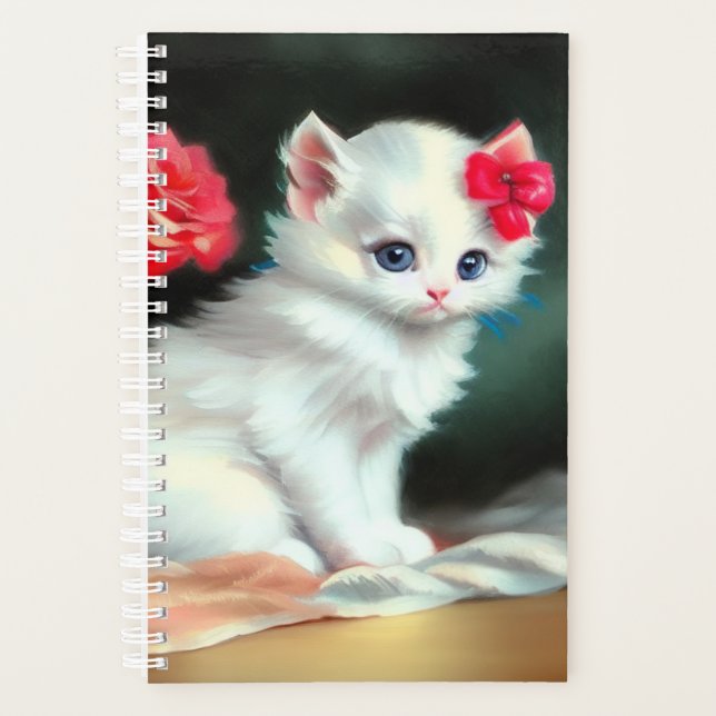 Agenda Ilustracion de gatito blanco con flores rojas (Anverso)