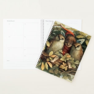 Agenda Ilustración de la naturaleza de búhos y hadas elfa
