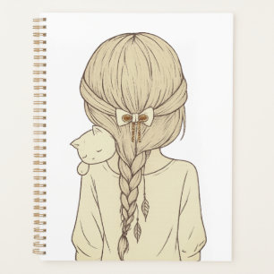 Agenda Ilustración de niña con trenza y gato – Pastel sua