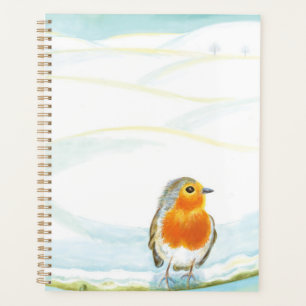 Agenda Ilustración de paisaje invernal blanco con petirro