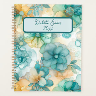 Agenda Ilustracion de tinta de alcohol floral verde azula