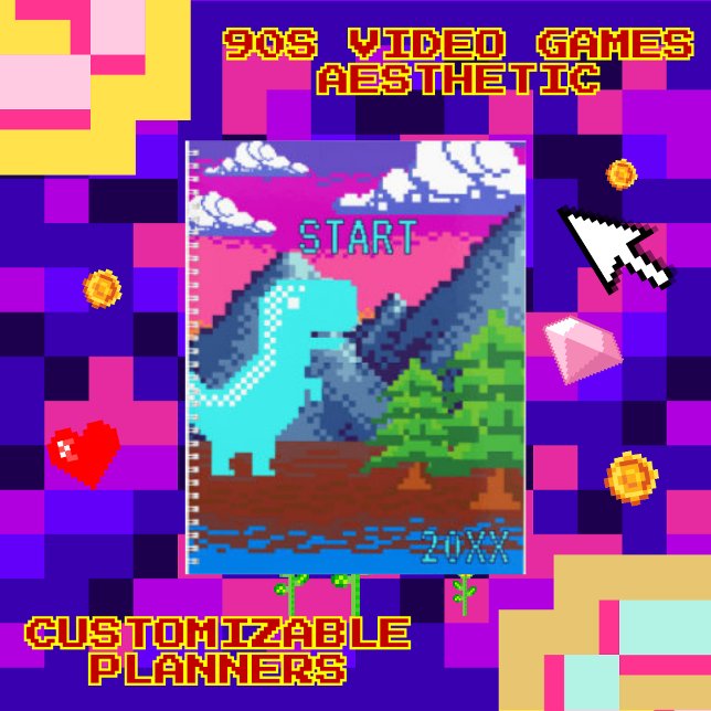 Agenda Ilustración divertida de dinosaurio pixelado para  (This funny nostalgic design features pixel art of a Dinosaur in naturen.I've used a pop color palett)