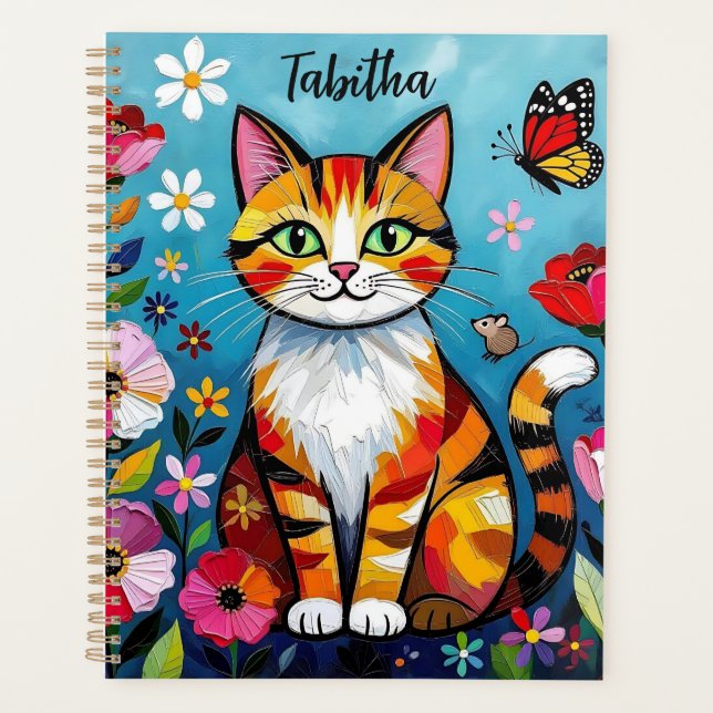 Agenda Impasto Cat, Flowers & Butterfly Personalized (Anverso)
