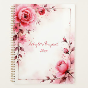 Agenda Impresión botánica de rosas rosadas con espiral