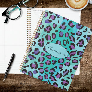Agenda Impresión de leopardo azul y púrpura retro