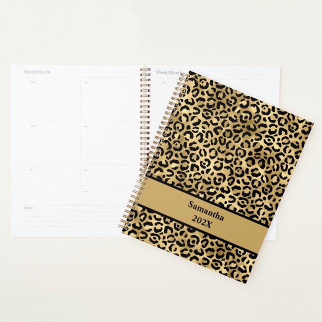 Agenda Impresión de leopardo negra y dorada personalizada (Demostración)