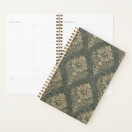 Agenda Impresión grande de Damasco verde y dorado