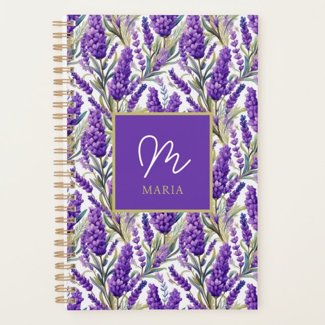 Agenda Impresionante patrón de lavanda morada monogramado (Anverso)