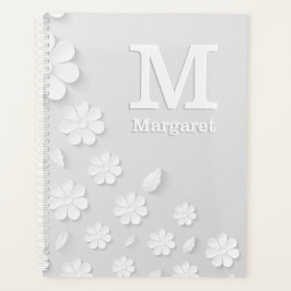Agenda Iniciales de nombre grabado en relieve floral blan