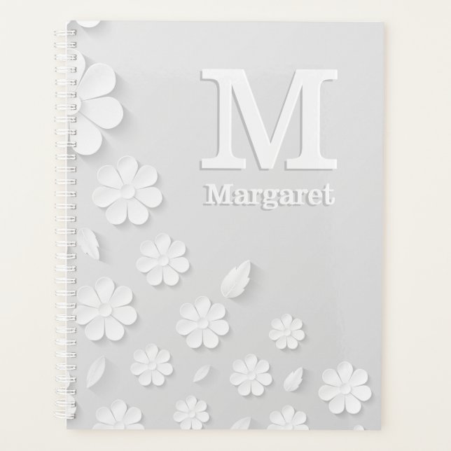 Agenda Iniciales de nombre grabado en relieve floral blan (Anverso)