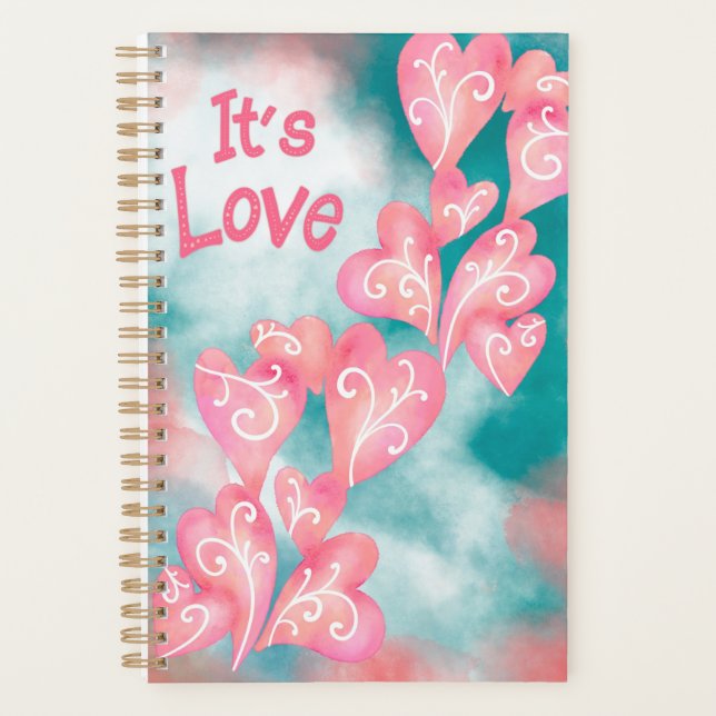 Agenda It’s Love – Pink & Teal Heart Cascade (Anverso)