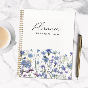 Agenda Jardín de flores silvestres de acuarela azul monog