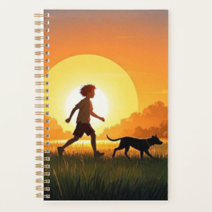 Agenda Joven con perro al atardecer