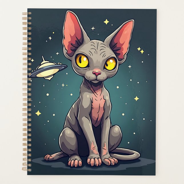 Agenda Judging Sphynx Cat UFO Space Cartoon Art (Anverso)