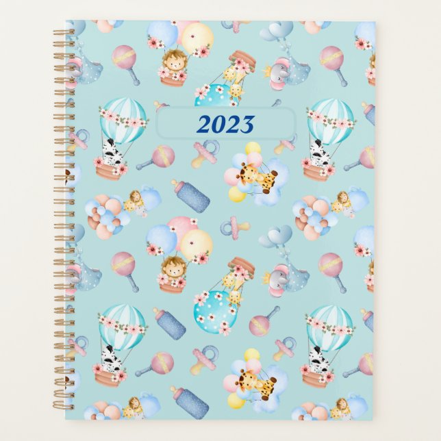 Agenda Juguetes con globo de animales bebés con tema azul (Anverso)