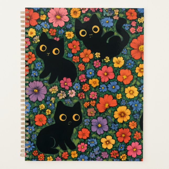Agenda Kawaii Garden Art | Cute Black Cat Floral Pattern (Anverso)