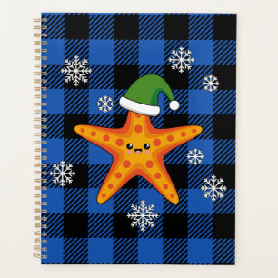 Agenda Kawaii Navidad Starfish en patrón de búfalo azul