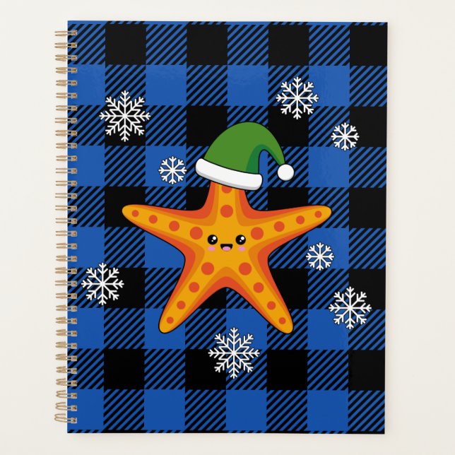 Agenda Kawaii Navidad Starfish en patrón de búfalo azul (Anverso)