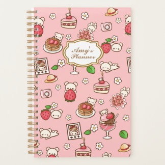 Agenda Kawaii rosa, oso de fresa y postres personalizados