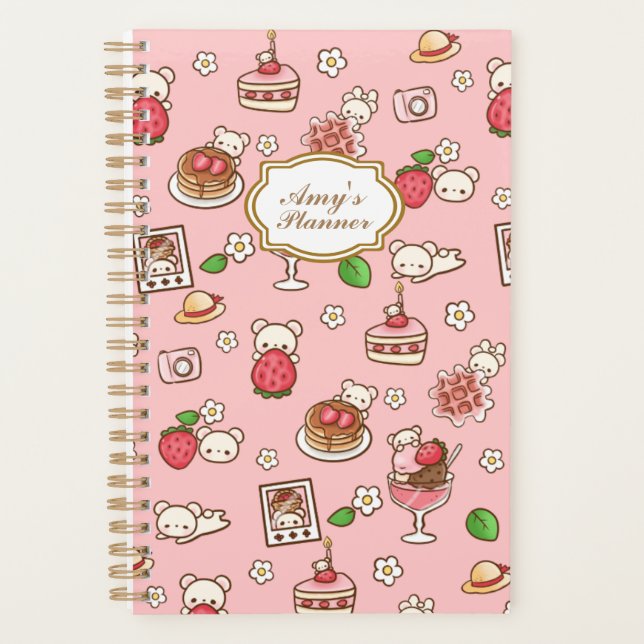 Agenda Kawaii rosa, oso de fresa y postres personalizados (Anverso)