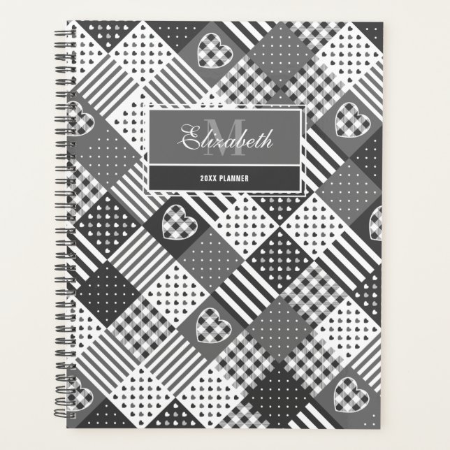 Agenda Kedredt de diseño moderno gingham blanco y negro (Anverso)