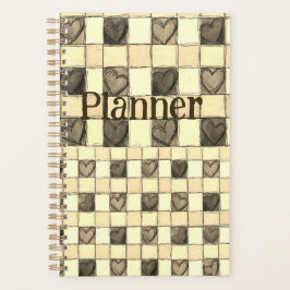 Agenda Khaki tan y crema gingham heart Planner
