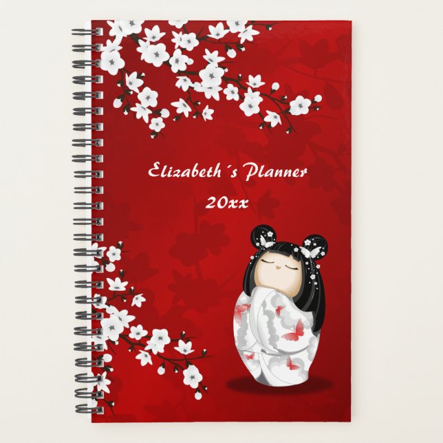 Agenda Kokeshi Doll Rojo Flor de cerezo blanco tu nombre (Anverso)