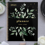 Agenda La vegetación salvaje | Negro elegante<br><div class="desc">Este elegante planificador botánico de 2023 presenta un marco de abundantes hojas de color verde agua sobre un fondo negro oscuro con textos y acentos modernos y elegantes de color dorado.</div>