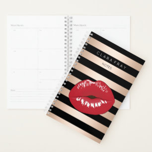 Agenda labios rojos elegantes rosa de oro rayas negras
