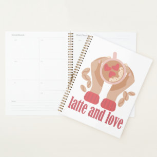Agenda Latte y taza de amor, manos y cita de café