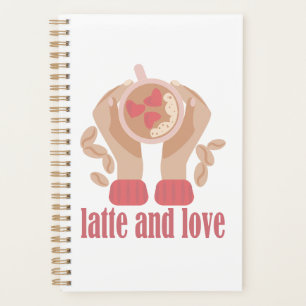 Agenda Latte y taza de amor, manos y cita de café