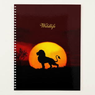 Agenda León salvaje, amanecer y caligrafía en una selva