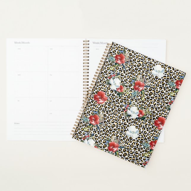 Agenda Leopardo dorado Imprimir Floral Blanco Rojo (Demostración)