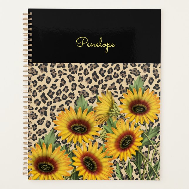 Agenda Leopardo floral de girasoles personalizado (Anverso)