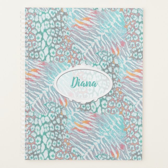 Agenda Leopardo, tigre, piel, manchado, rayado, turquesa, (Anverso)