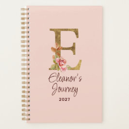 Agenda Letra personalizada E de oro con rosas rosadas
